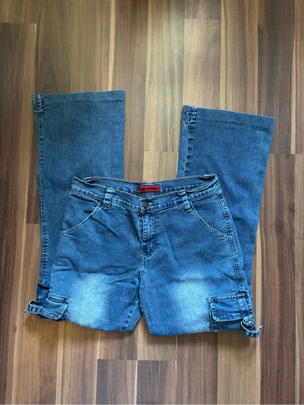 Women’s Boot Cut Jeans in Medium Blue with Cargo Tabs